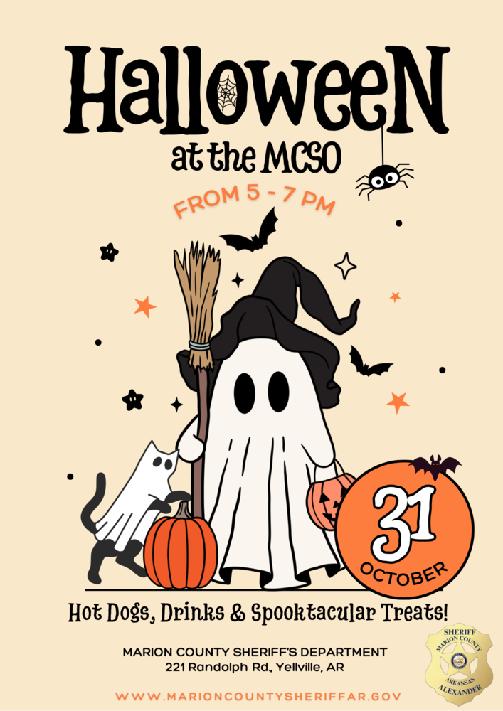 A tan background with white friendly ghost and cat with words Halloween at the MCSO from 5-7 PM on October 31, 2023