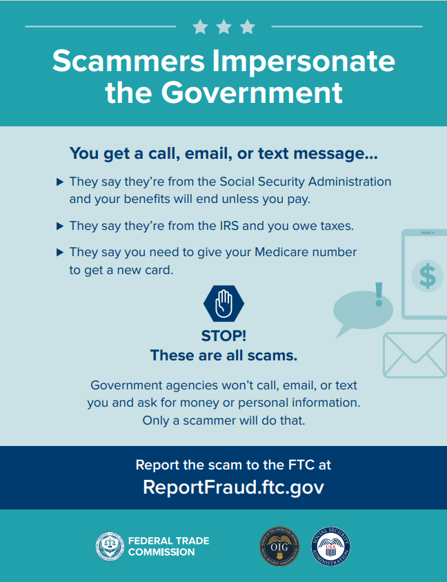 Teal graphic with text relating to avoiding Social Security scams