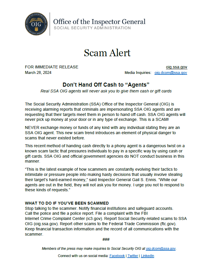Letterhead from Inspector General with text regarding scam